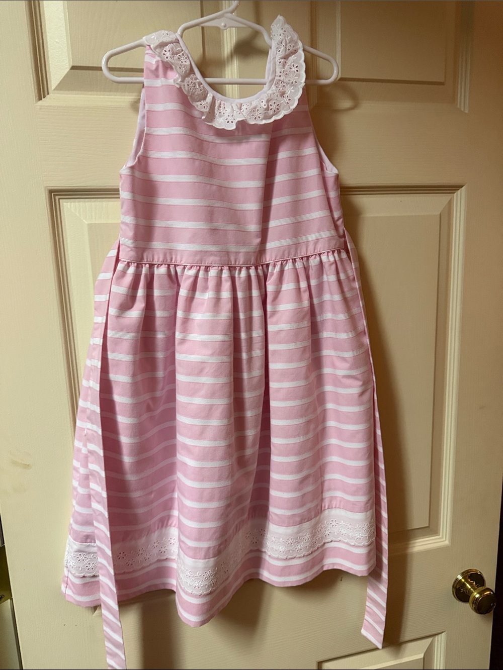 Girls Pink and White Striped Dress with Lace Collar